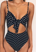 Load image into Gallery viewer, Sexy Retro Dot Front Knot Tie Trikini Cut Out High Waist Swim  Suit