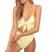 Load image into Gallery viewer, Sexy Retro Dot Front Knot Tie Trikini Cut Out High Waist Swim  Suit