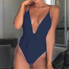 Load image into Gallery viewer, White Deep V Neck Front Tie Knotted High Cut Backless  One Piece Swimsuit