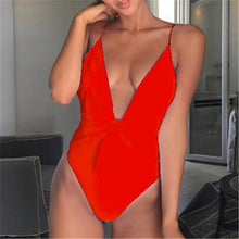 Load image into Gallery viewer, White Deep V Neck Front Tie Knotted High Cut Backless  One Piece Swimsuit