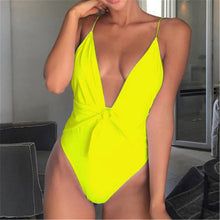 Load image into Gallery viewer, White Deep V Neck Front Tie Knotted High Cut Backless  One Piece Swimsuit