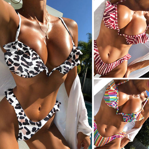 Sexy V Neck Leopard/Striped Ruffled Biquini Thong Bathing Suit