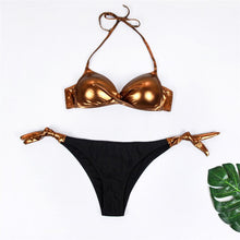Load image into Gallery viewer, Sexy Twist Knot Super Push Up Shiny Gold Metallic Bikini Set