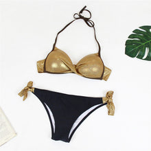Load image into Gallery viewer, Sexy Twist Knot Super Push Up Shiny Gold Metallic Bikini Set
