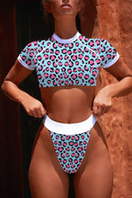 Load image into Gallery viewer, Sexy Leopard Print Short Sleeve Sport Crop Top Bikini Set