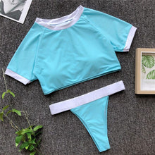 Load image into Gallery viewer, Sexy Leopard Print Short Sleeve Sport Crop Top Bikini Set
